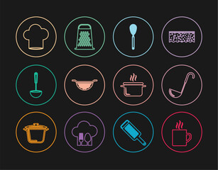 Set line Coffee cup, Kitchen ladle, whisk, colander, Chef hat, Cooking pot and Grater icon. Vector