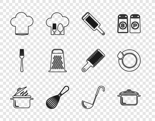 Set line Cooking pot, Grater, Kitchen whisk, Chef hat, ladle and Washing dishes icon. Vector