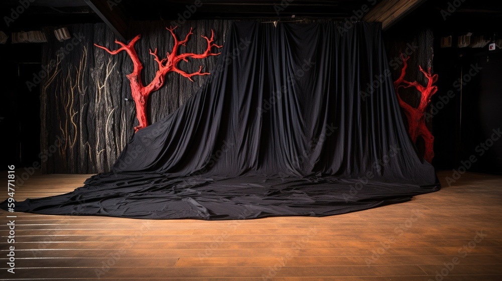 Poster a stage with a black curtain and red trees on it. generative ai