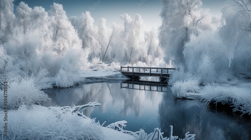 Poster a bridge over a river surrounded by snow covered trees and bushes. generative ai