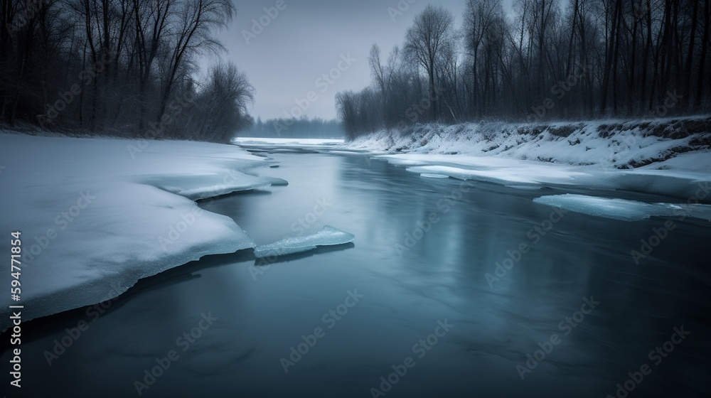 Poster a river with ice and snow on the ground and trees in the background. generative ai