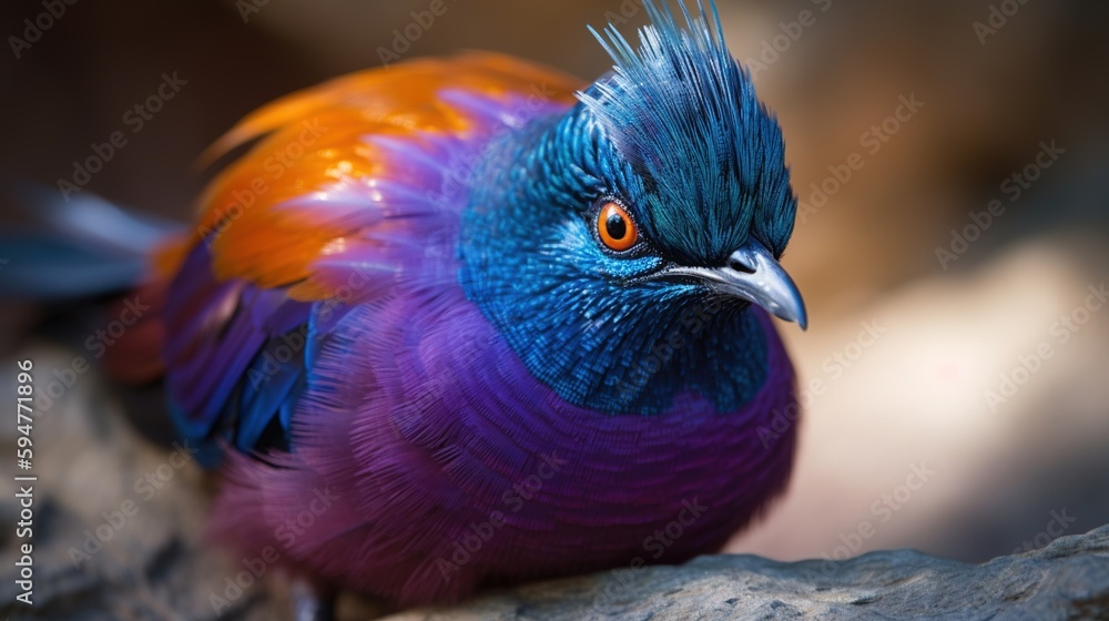 Poster a colorful bird sitting on top of a rock next to a tree. generative ai