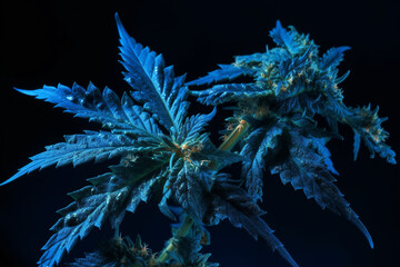 Cogollos de marihuana con colores azules y morados en fondo oscuro. Fruto de marihuana. Generative ai.