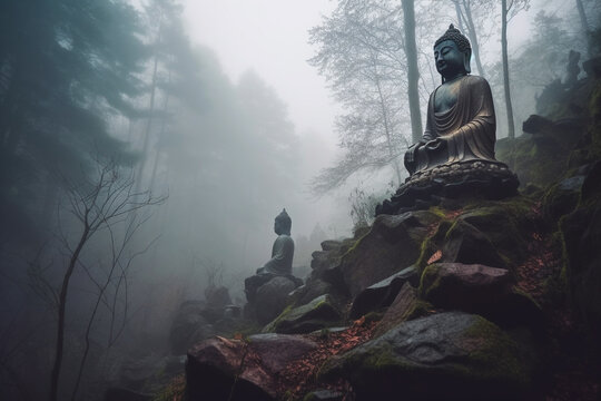 Templo budista en la naturaleza, estatuas budistas en el bosque, ambiente de niebla, generative ai. Estatuas de Buda en las rocas con clima brumoso y neblinoso.