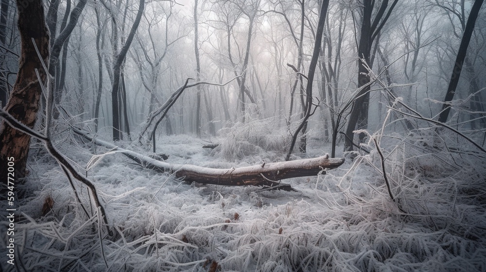 Poster a forest filled with lots of trees covered in ice and frost. generative ai
