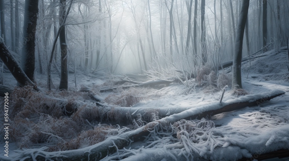 Poster a snowy path in a forest with trees and snow on the ground. generative ai
