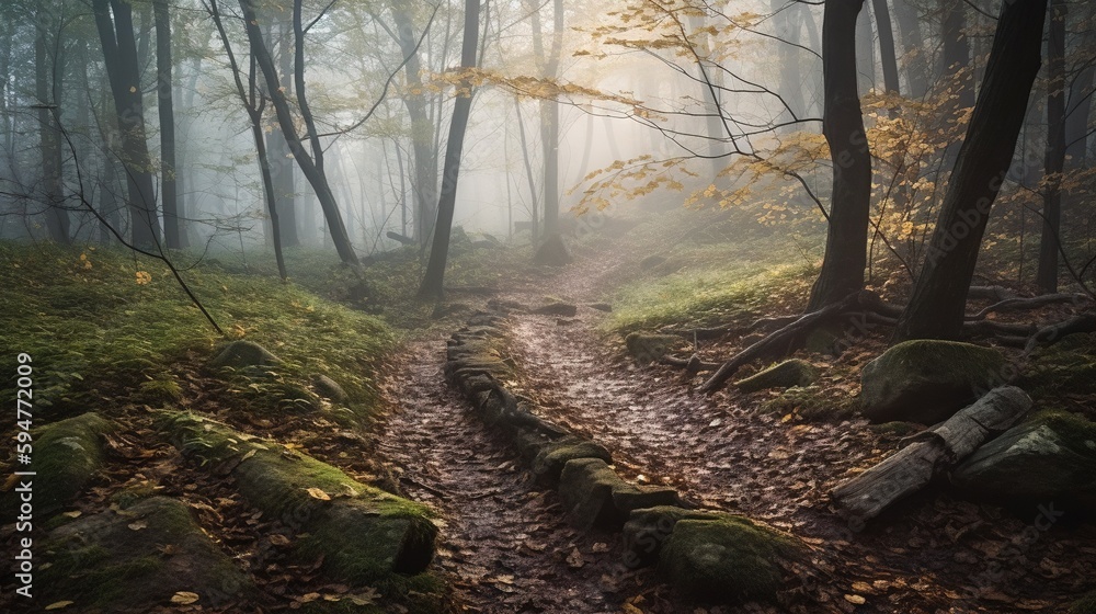 Poster a path in the woods with moss growing on the rocks. generative ai