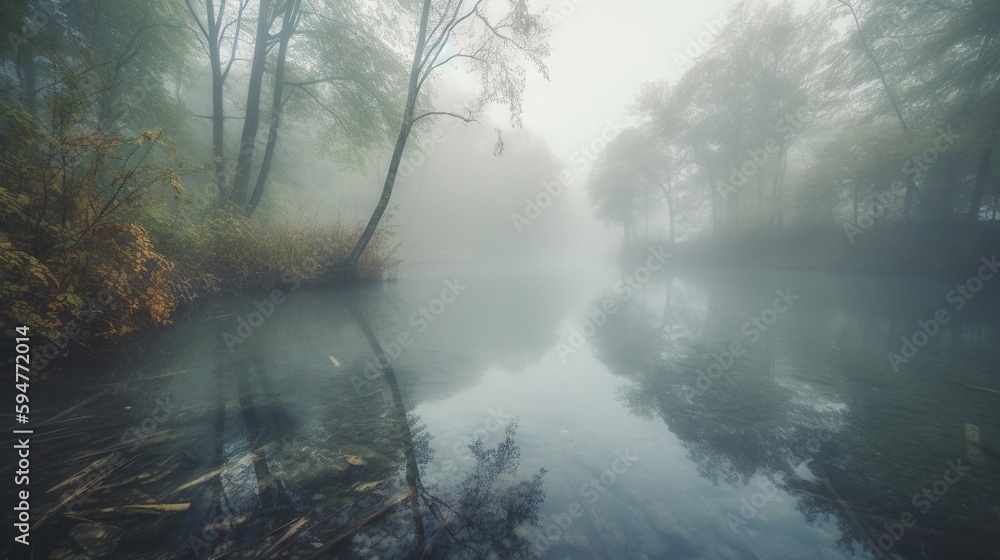 Poster a foggy river in the middle of a forest filled with trees. generative ai