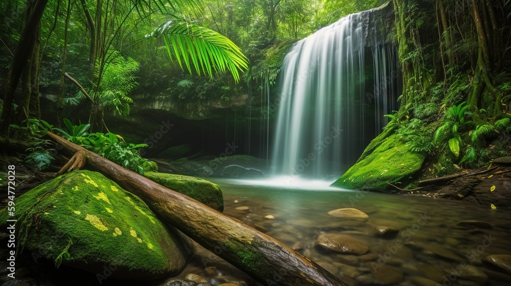 Aufkleber a small waterfall in the middle of a forest filled with trees. generative ai