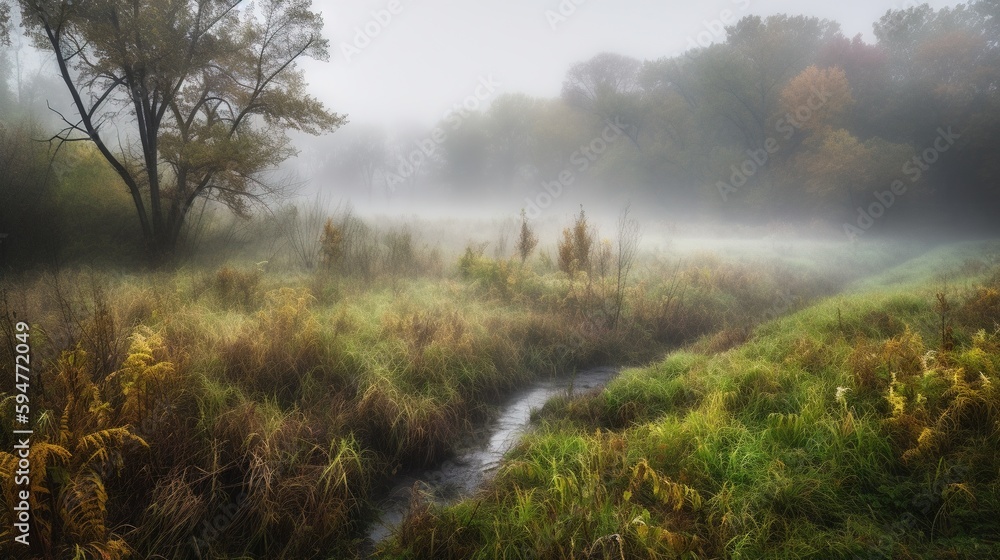 Poster a stream running through a lush green field next to a forest. generative ai