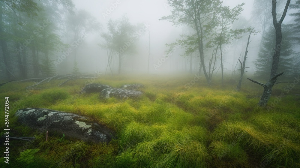 Poster a foggy forest filled with lots of trees and grass. generative ai