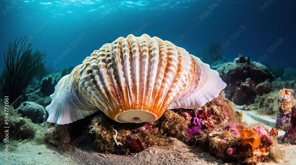 Poster a sea shell on a sandy bottom with corals and seaweed. generative ai