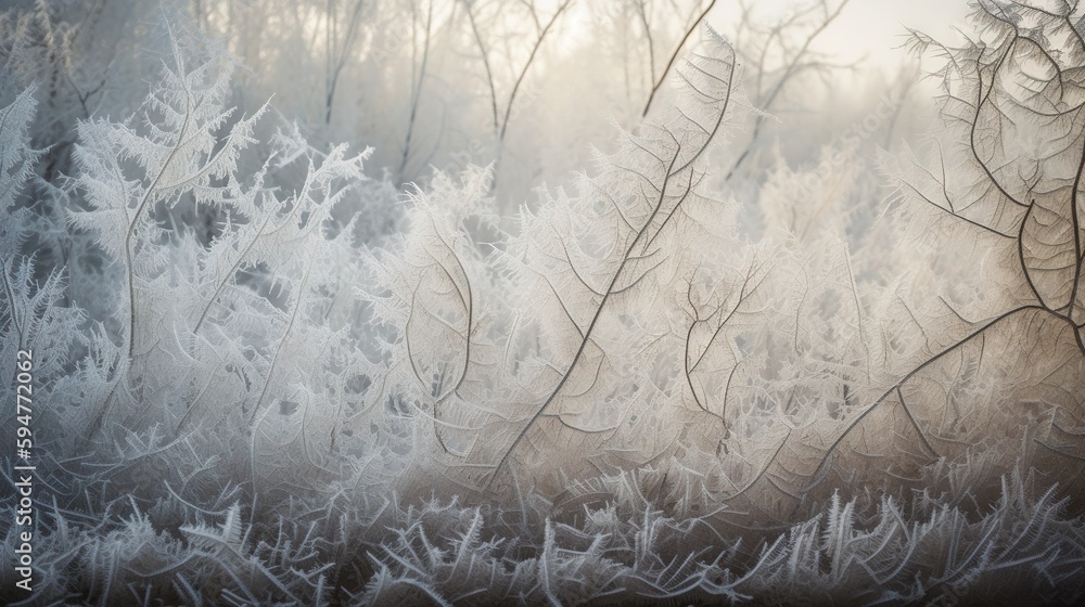 Poster frosted plants in a field with trees in the background. generative ai