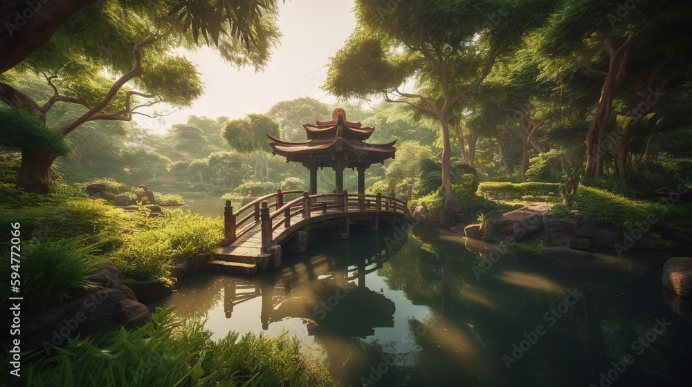 Poster a small bridge over a small pond in a park with trees. generative ai