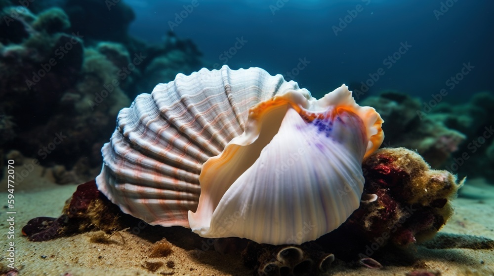 Poster a sea shell on the bottom of the ocean floor with corals in the background. generative ai