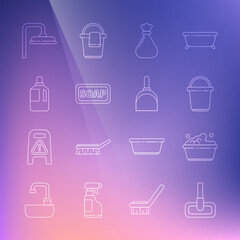 Set line Mop, Plastic basin with soap suds, Bucket, Garbage bag, Bar of, Fabric softener, Shower head and Dustpan icon. Vector