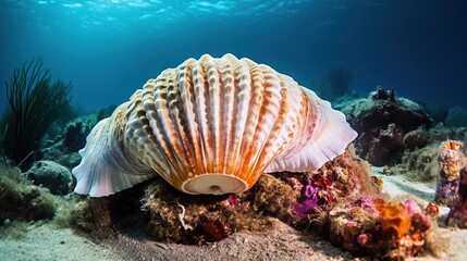 Obraz na płótnie Canvas a sea shell on a sandy bottom with corals and seaweed. generative ai