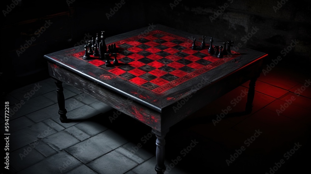 Poster a table with a chess set on it in the dark. generative ai
