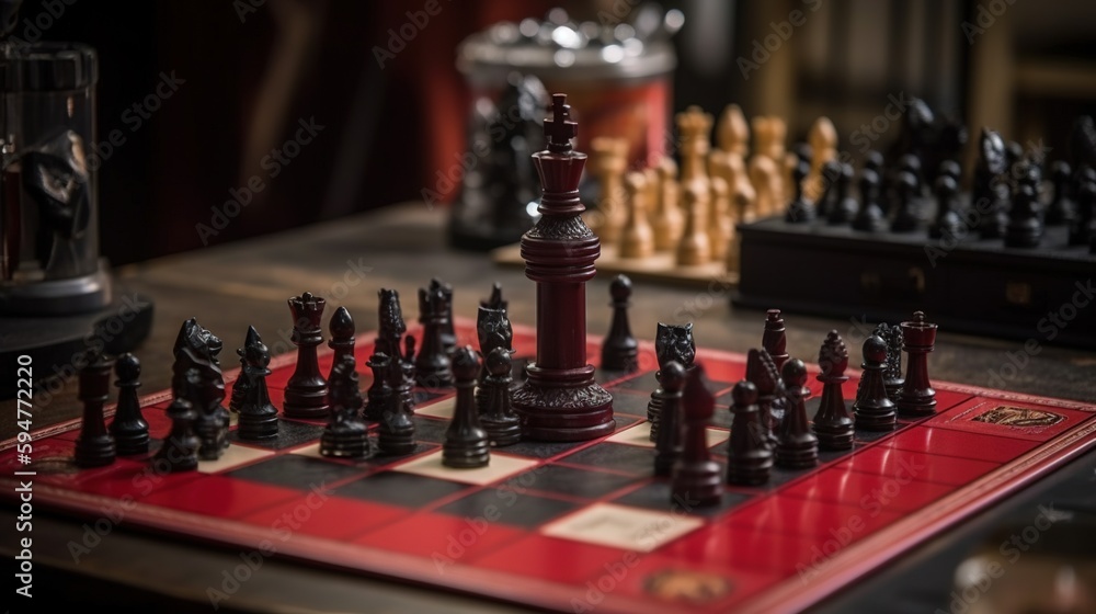 Poster a chess board with a set of chess pieces on it. generative ai