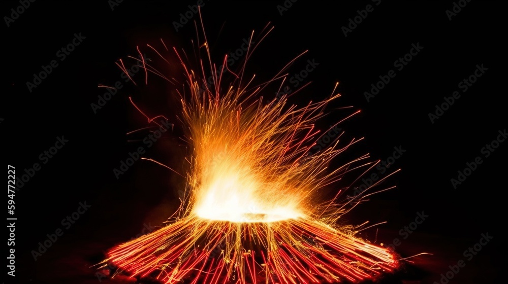 Poster a firework is lit up in the dark with red and yellow lights. generative ai