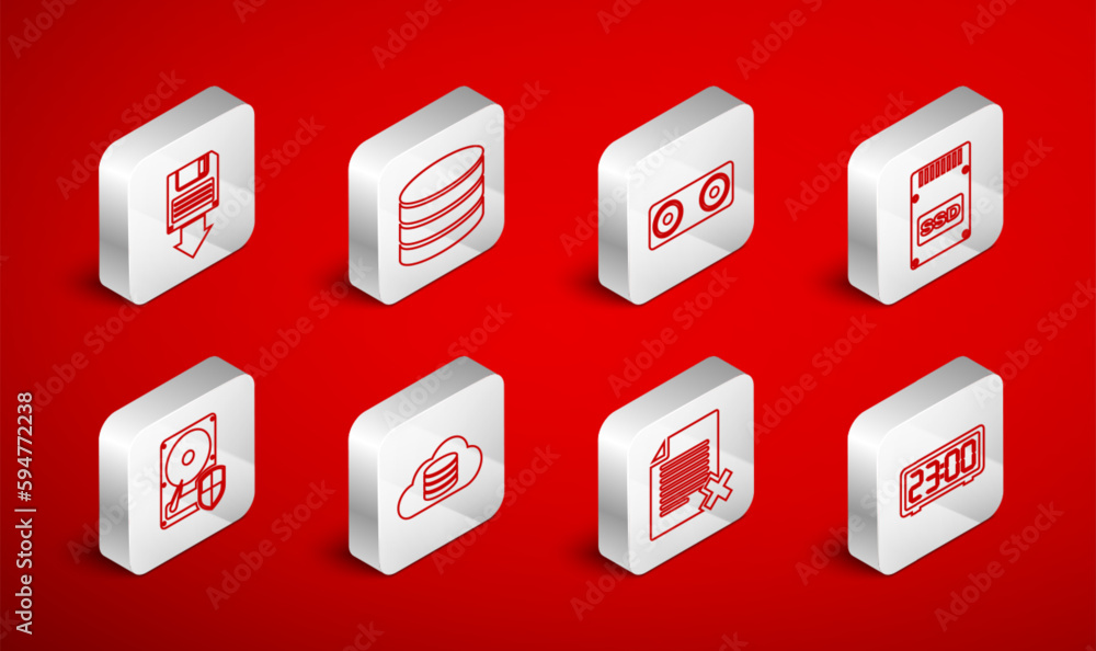 Poster set line digital alarm clock, database, stereo speaker, ssd card, delete file document, floppy disk 