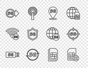 Set line 5G modem, Sim card rejected, Location network, Protective shield, and icon. Vector