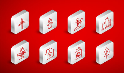 Set line Tree, Plant in pot, Factory, Paper bag with recycle, Wind turbine, House and lightning and Electric saving plug leaf icon. Vector