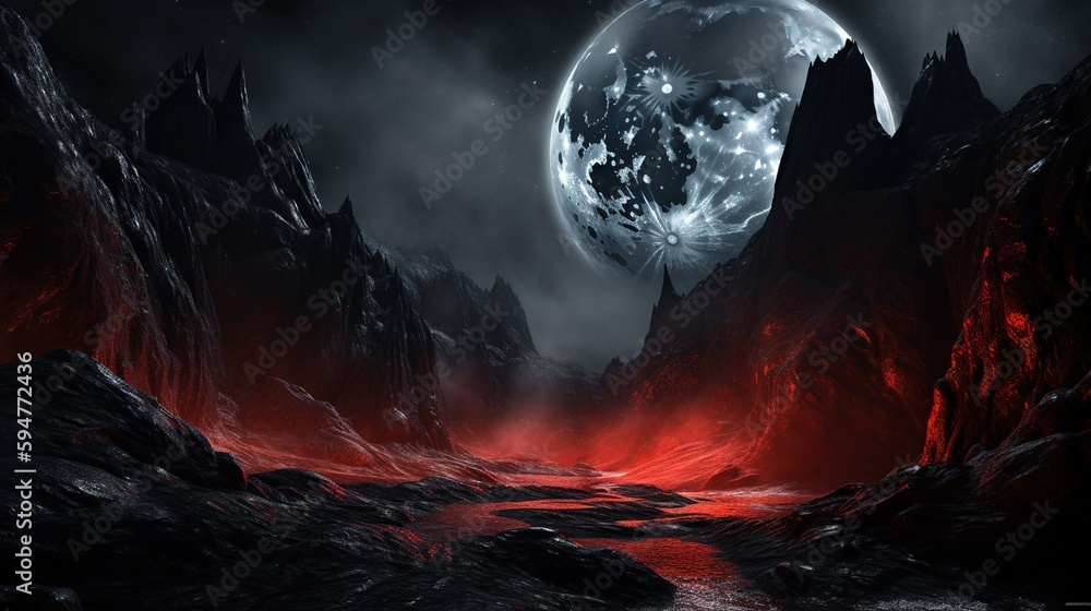 Poster a dark landscape with a full moon in the sky and a river running through it. generative ai
