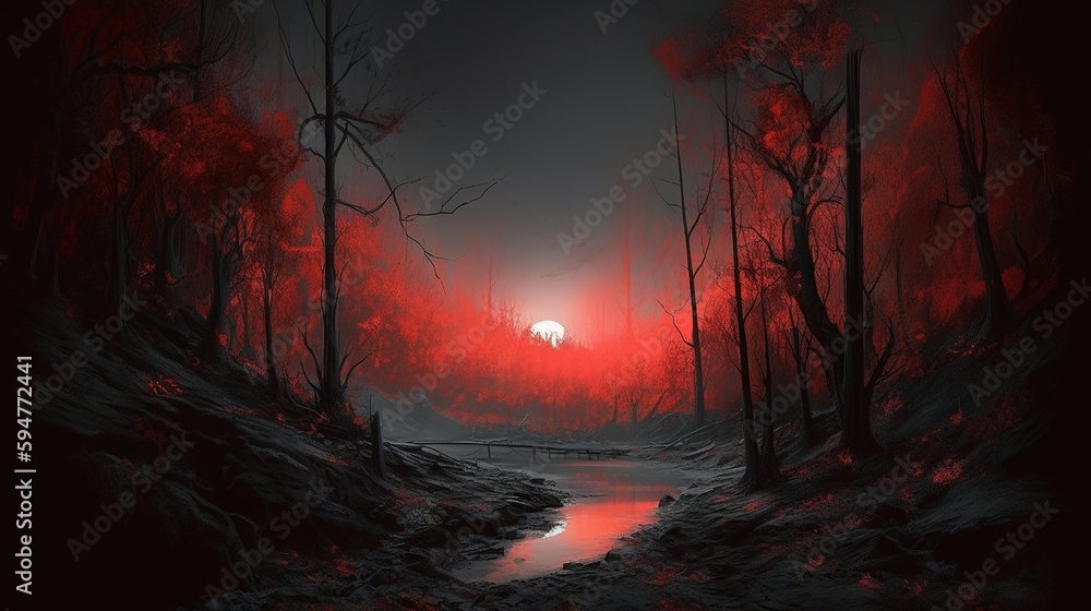 Poster a painting of a red forest with a river running through it. generative ai
