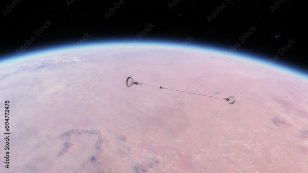 Wall mural spacecraft or space station flies over the atmosphere of an exoplanet in another solar system. a geo