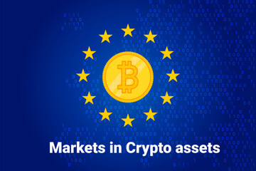 MiCA - Markets in Crypto assets regulation flag of European Union and map of Europe background. Eu sign
