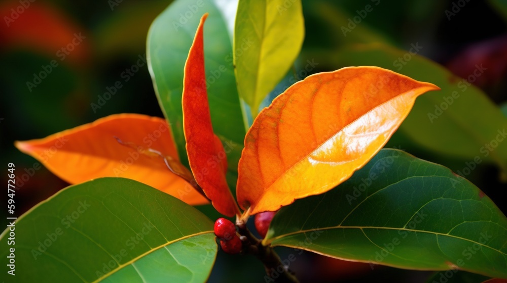 Poster a close up of a tree with leaves and berries on it. generative ai