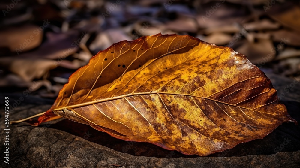 Poster a leaf that is laying on the ground in the leaves. generative ai