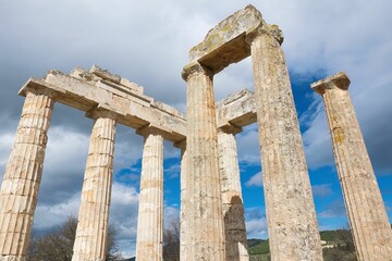 Sacred temple of Zeus in ancient Nemea, Greece. Archaeological Museum of Ancient Nemea.