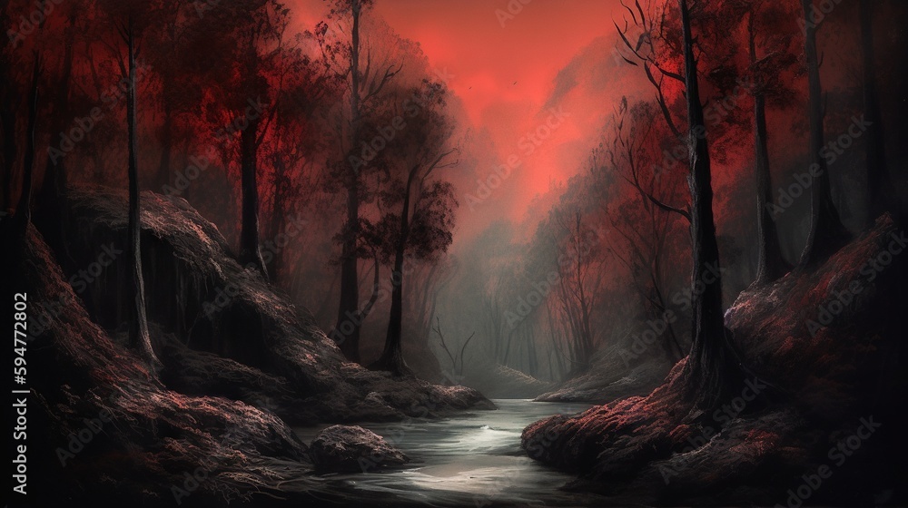 Poster a painting of a stream in a forest with red sky. generative ai
