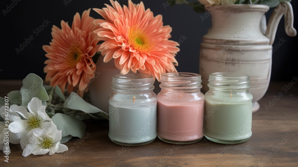 Poster three jars with different colored liquids next to a vase with flowers. generative ai