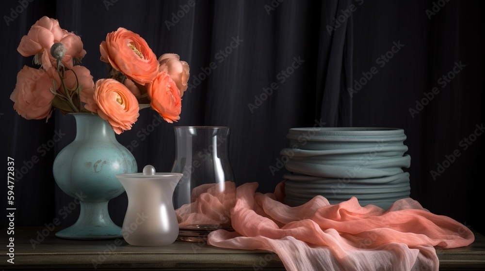 Poster a table topped with vases filled with flowers and plates. generative ai