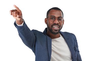 Point, business and portrait of happy black man on isolated, png and transparent background. Corporate, direction and face of male person pointing for instruction, showing gesture and information