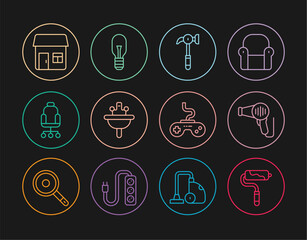 Set line Paint roller brush, Hair dryer, Hammer, Washbasin, Office chair, House, Gamepad and Light bulb icon. Vector