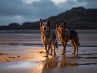 Two dogs walking on the beach with dark lighting