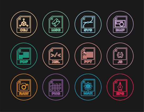 Set line EPS file document, JS, SVG, XSL, PDF, OBJ, PPT and MSG icon. Vector