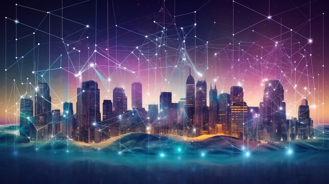 backgrounds show dynamic, geometric cityscapes inspired by the world of decentralized finance. buildings and streets are composed of polygons and fractals that dominate the skyline. generative AI