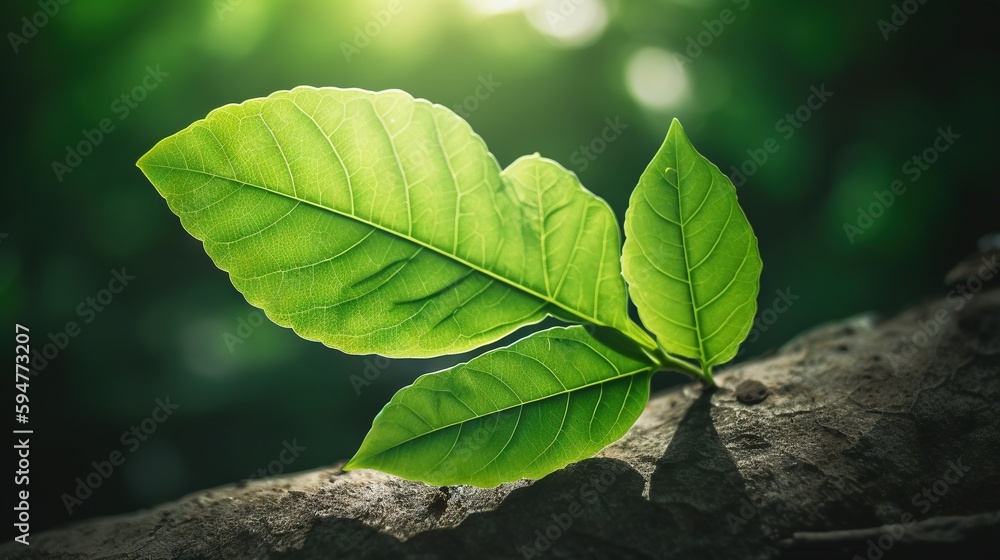 Poster a green leaf on a tree branch with sunlight shining in the background. generative ai