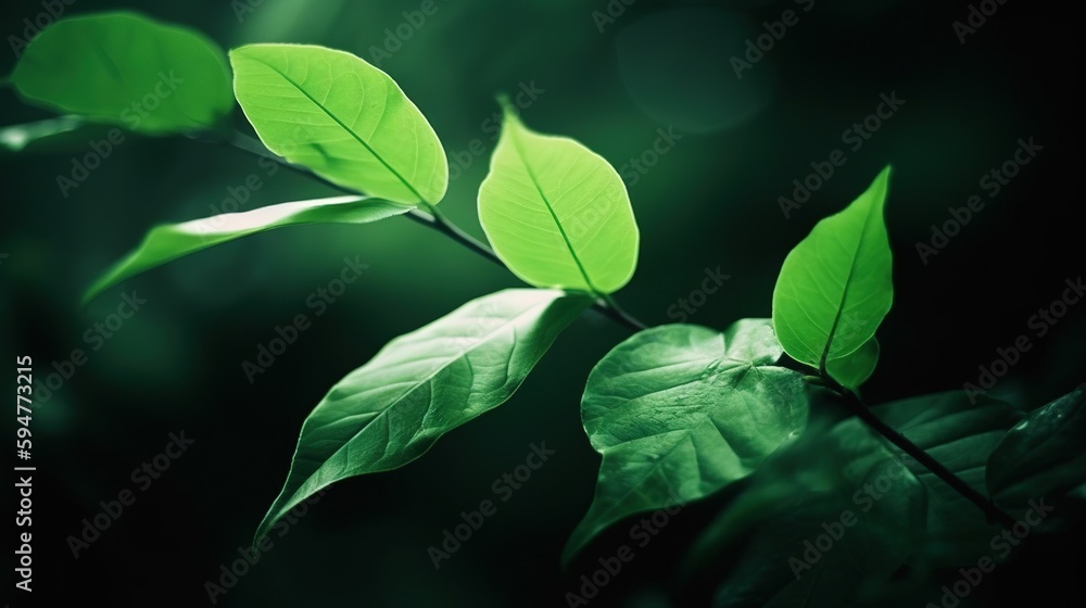Poster a close up of a green leaf on a tree branch. generative ai