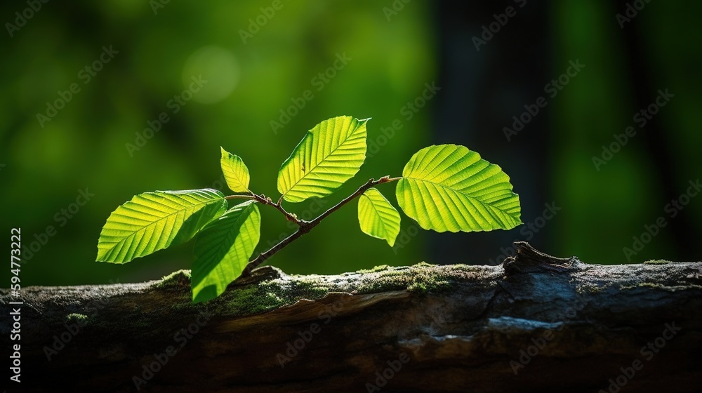 Aufkleber a small green leaf on a log in a forest setting. generative ai