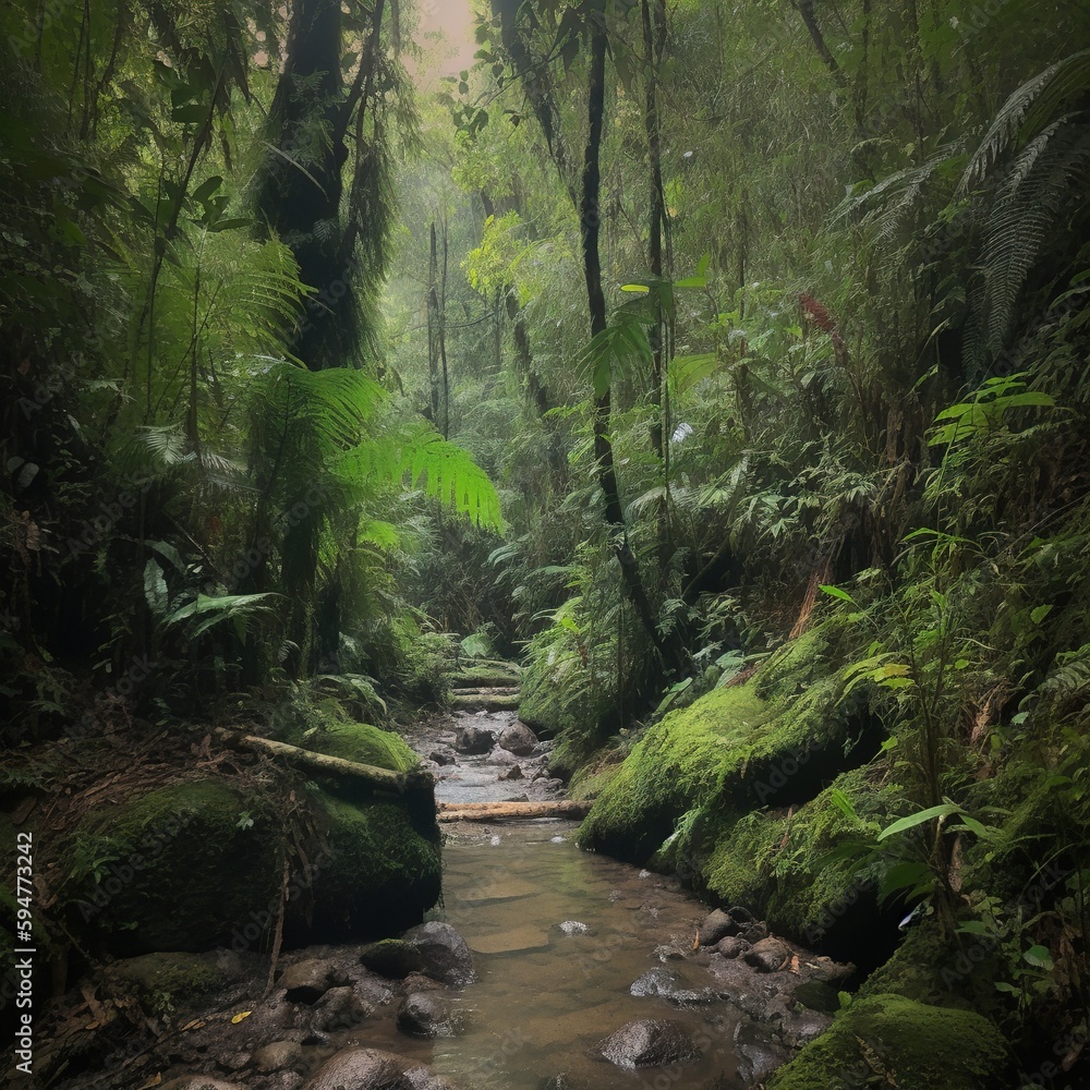 Poster a stream running through a lush green forest filled with trees. generative ai