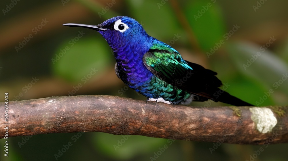 Poster a colorful bird sitting on a branch of a tree with leaves in the background. generative ai