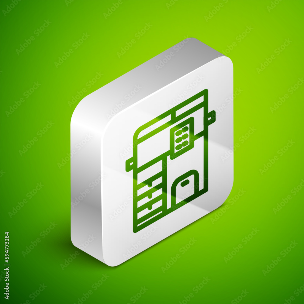 Poster isometric line office multifunction printer copy machine icon isolated on green background. silver s