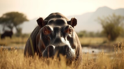 Hippo in a cinematic savanna background with beautiful colors generative ai