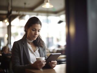 Businesswoman with tablet drinking coffee